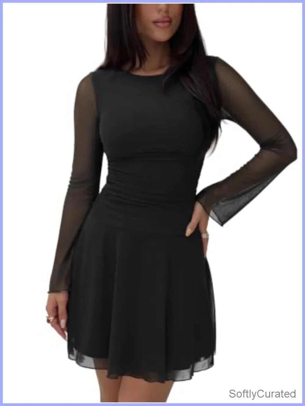 Sheer Mesh Ruched Long Sleeve Mini Dress Boat Neck Y2K Party